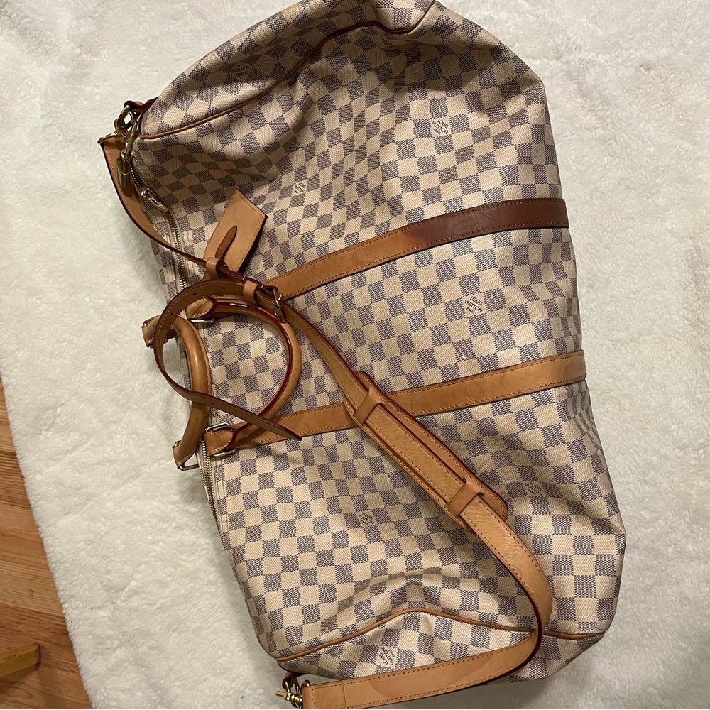 Tan and Brown Checkered Duffel Bag with Leather Straps